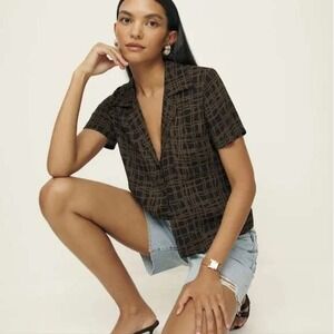 Reformation Cuba Top Black And Brown  Women's Size Medium Short Sleeve Shirt